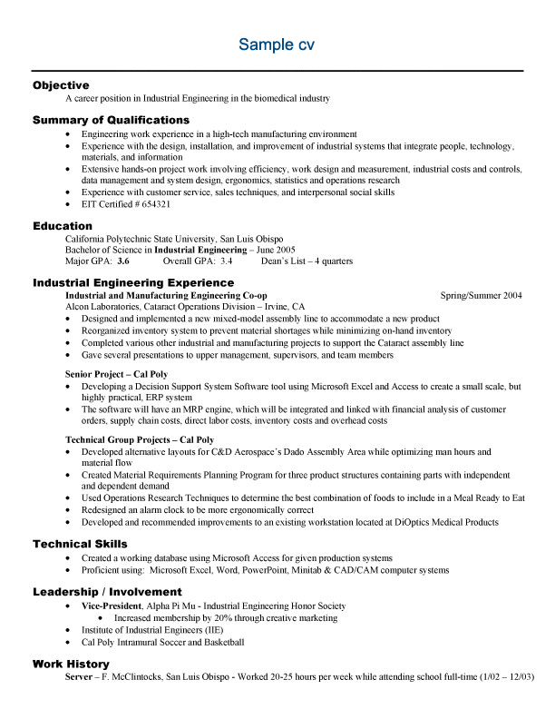 Resume For Job Placement Engineering Job Related Cv Sample ...
